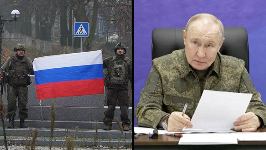 Putin and his fighters raise the Russian flag in the city of Pokrovsk in the Donbas region - a city where heavy fighting is currently taking place (Photo: Russian Defense Ministry) תיעוד של כוחות רוסיה מניפים את הדגל הרוסי בעיר פוקרובסק בחבל דונבאס מחוז דונייצק במזרח אוקראינה אחרי שמוסקבה טענה כי העיר נכבשה