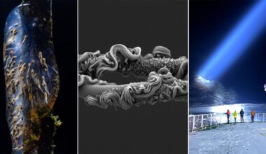 A triptych: left, a close-up of a translucent, elongated sea creature with white markings; center, a microscope image of twisted, tubular structures; right, people on a ship at night facing a bright beam shining on icy mountains.