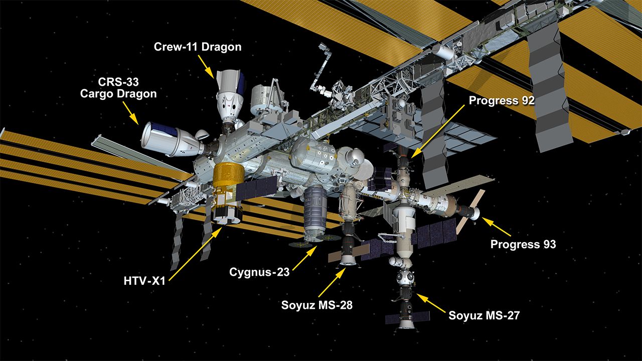 An illustration of the International Space Station with labels for the many spacecraft filling its 8 docking ports, including the Cygnus spacecraft, the Progress, and two Soyuz spacecraft