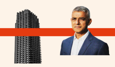 Sadiq Khan superimposed over a tower block