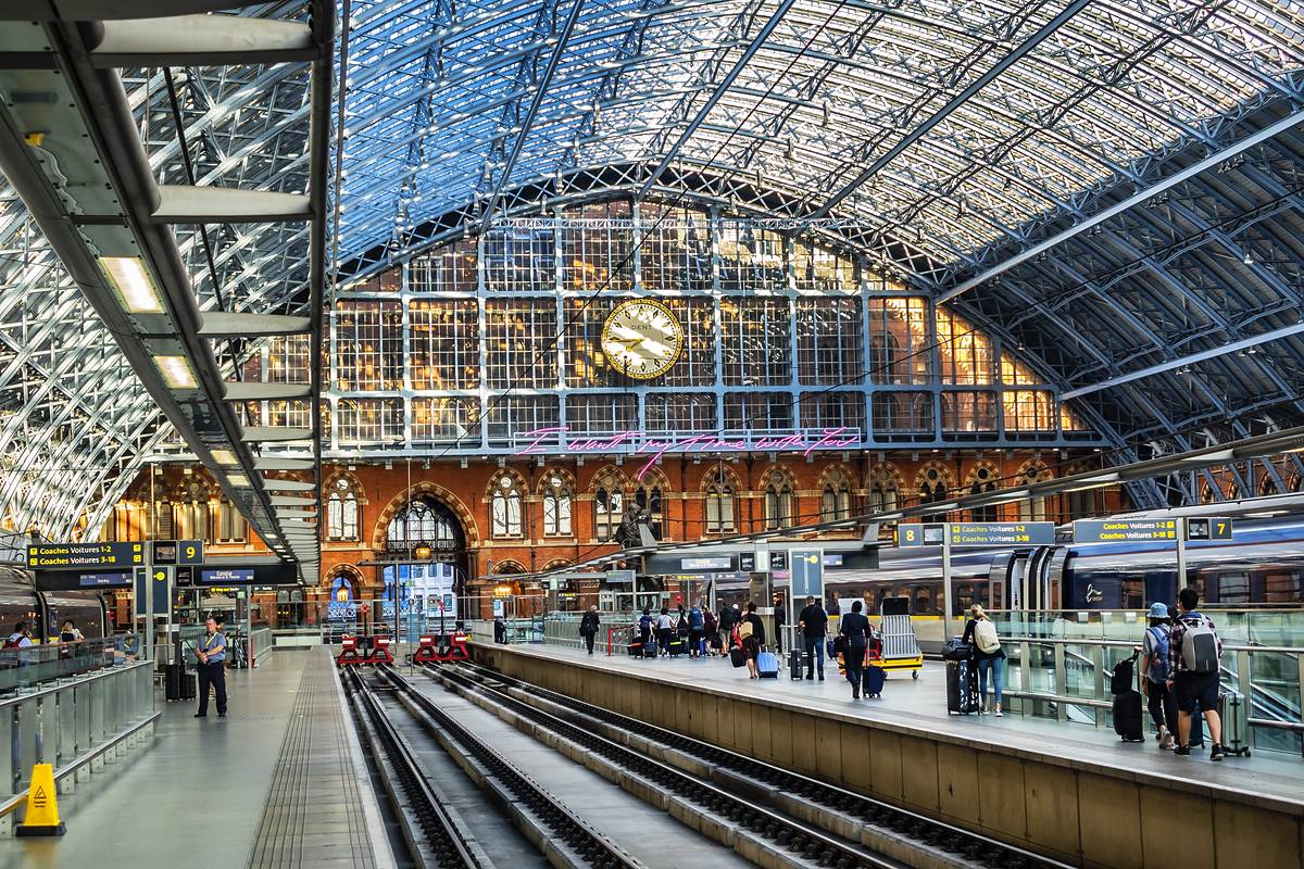 Interior of St Pancras International Train Station in London. St Pancras - the main rail terminal for Eurostar train departures from London to the European mainland
