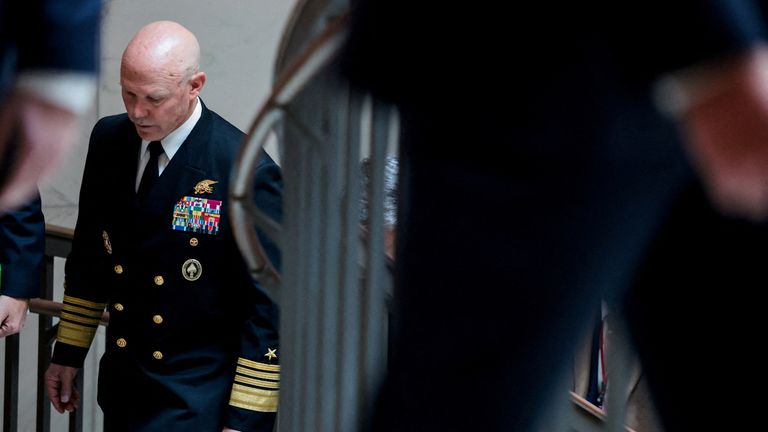 Admiral Frank 'Mitch' Bradley arrives at the US Capitol for a classified briefing on Thursday. Pic: Reuters