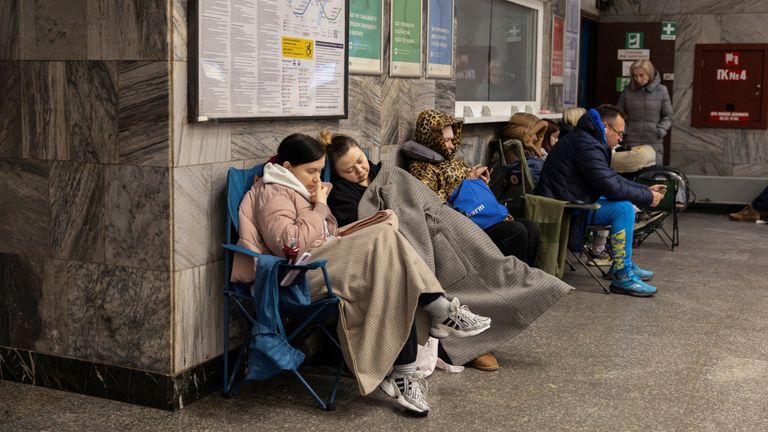 People take shelter at a metro station in Kyiv overnight as Russian attacks continue. Pic: Reuters