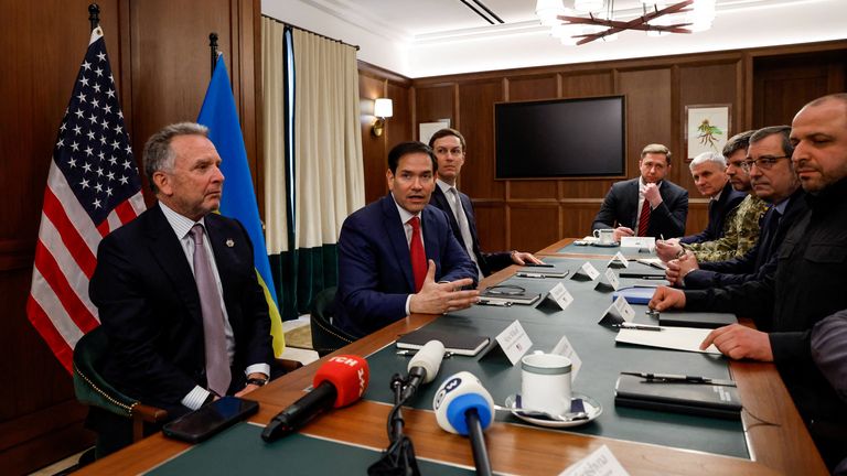 Marco Rubio, Steve Witkoff, and Jared Kushner meet with Ukrainian defence chief Rustem Umerov and his delegation in Florida. Pic: Reuters