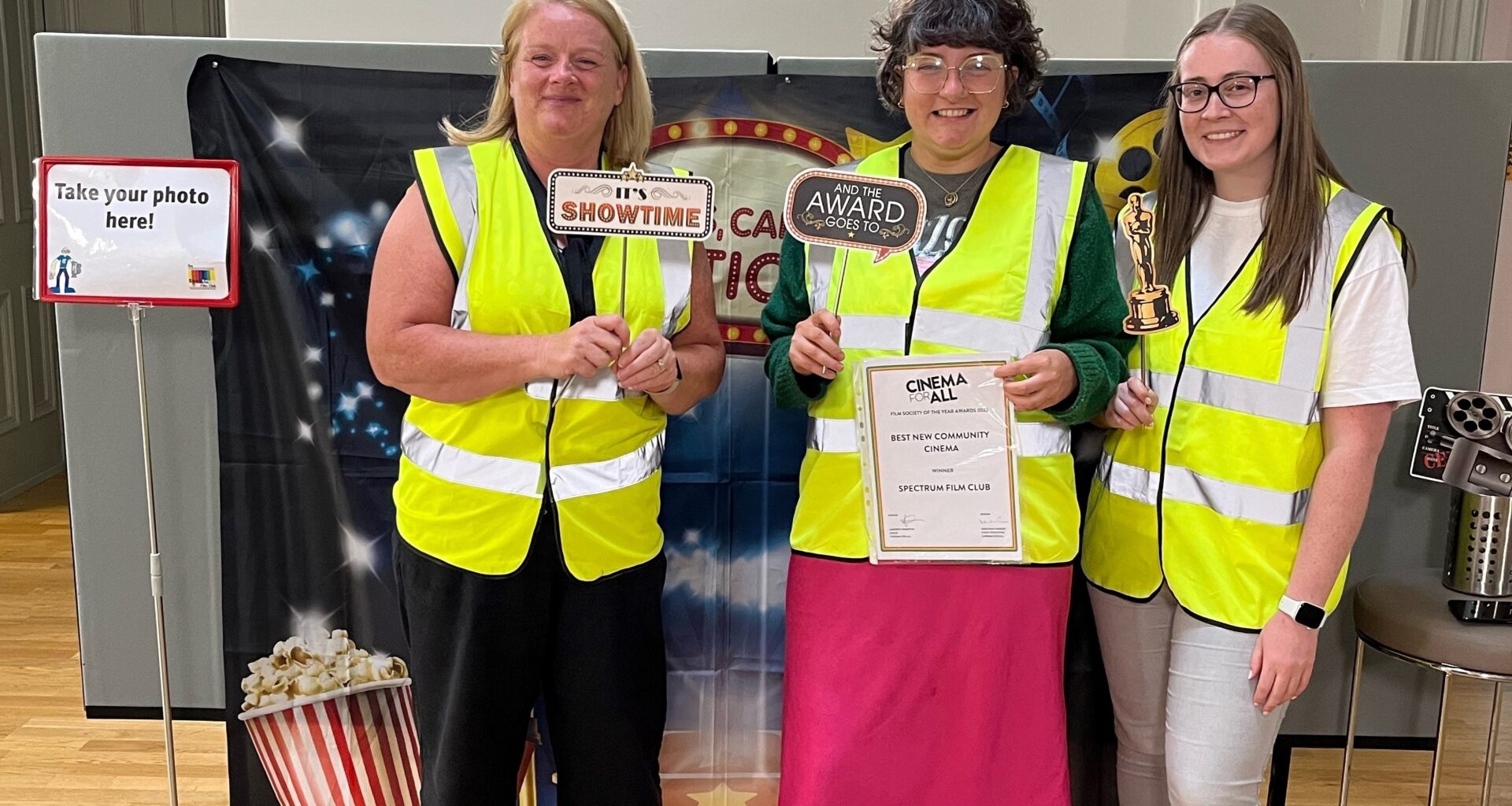 Local Area Coordinators Linda McGavin and Heather McFadyen and Jennifer Brotherston with the club’s Best New Community Cinema 2022 award