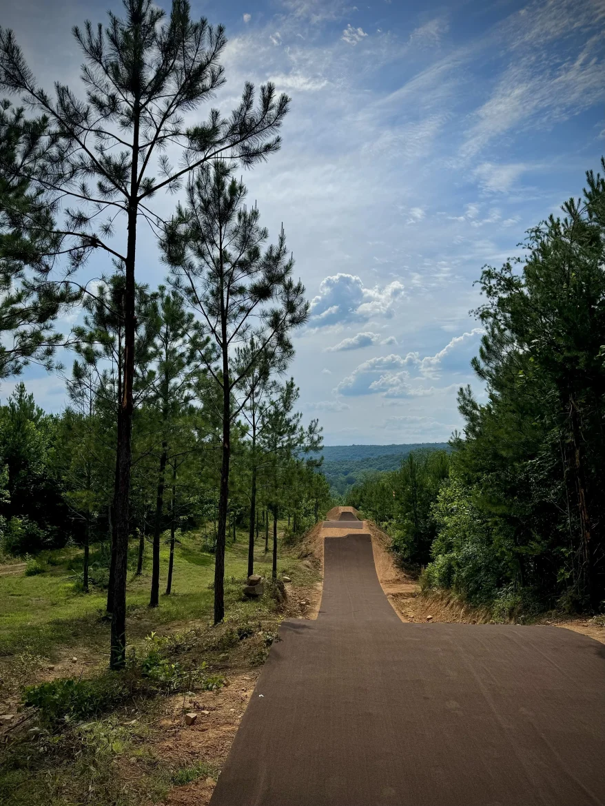 A winding dirt path surrounded by tall pine trees, leading to a scenic view with rolling hills under a partly cloudy sky. The path is well-defined and gently slopes, with greenery and occasional rocky areas along the sides.