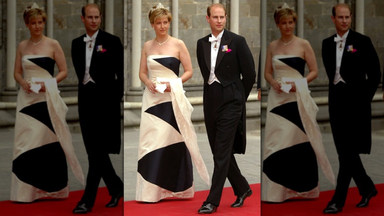 Sophie, Duchess of Edinburgh, in a black and white gown and walking next to Edward, Duke of Edinburgh