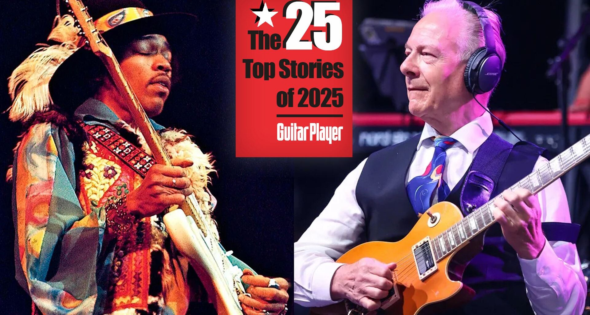 LEFT: Jimi Hendrix (1942-1970) performs live on stage playing a white Fender Stratocaster guitar with The Jimi Hendrix Experience at the Royal Albert Hall in London on 18th February 1969. RIGHT: Robert Fripp performing at Wickham Festival 2023.