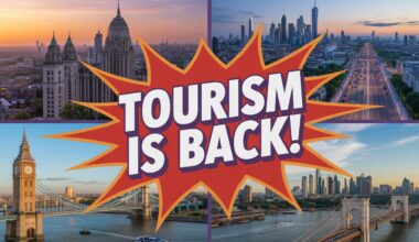 A dynamic image showcasing iconic landmarks from london, dubai, new york, and thailand with an explosive ‘tourism is back! ’ overlay, bursting with excitement and vibrant colors to catch attention.
