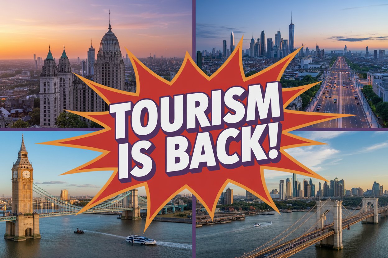 A dynamic image showcasing iconic landmarks from london, dubai, new york, and thailand with an explosive ‘tourism is back! ’ overlay, bursting with excitement and vibrant colors to catch attention.