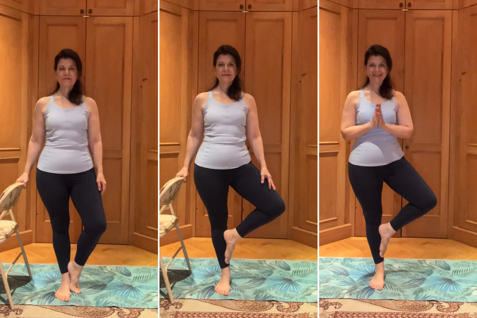 Tree Pose yoga poses demonstrating balance and flexibility using a chair for support.