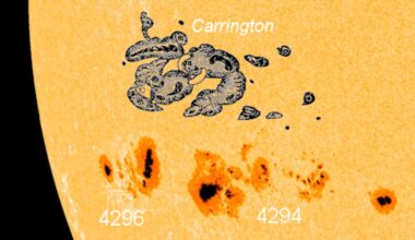 Photo of giant sunspots on the sun with a sketch of the Carrington sunspot added for comparison