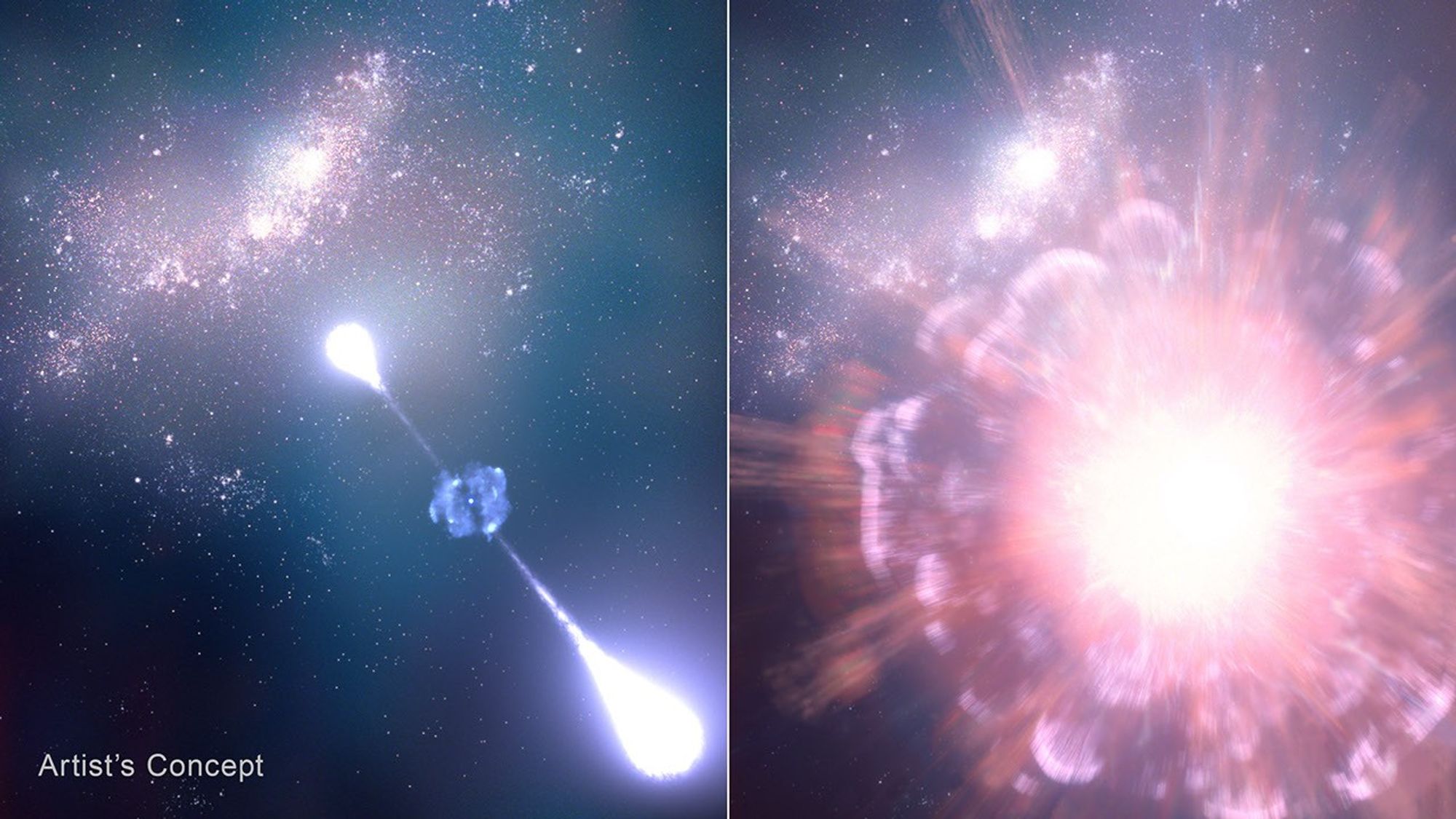 Two illustrations next to each other, the one on the left has a blue cloud spewing two different balls of light in opposite directions while the one on the right is a giant explosion of light and red gas.