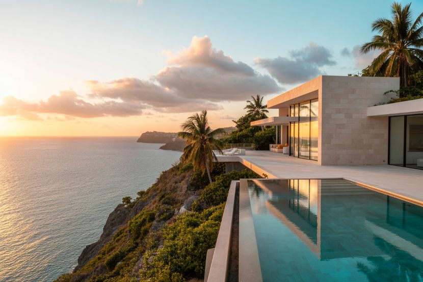 A luxury villa overlooking the caribbean sea during sunset in barbados.