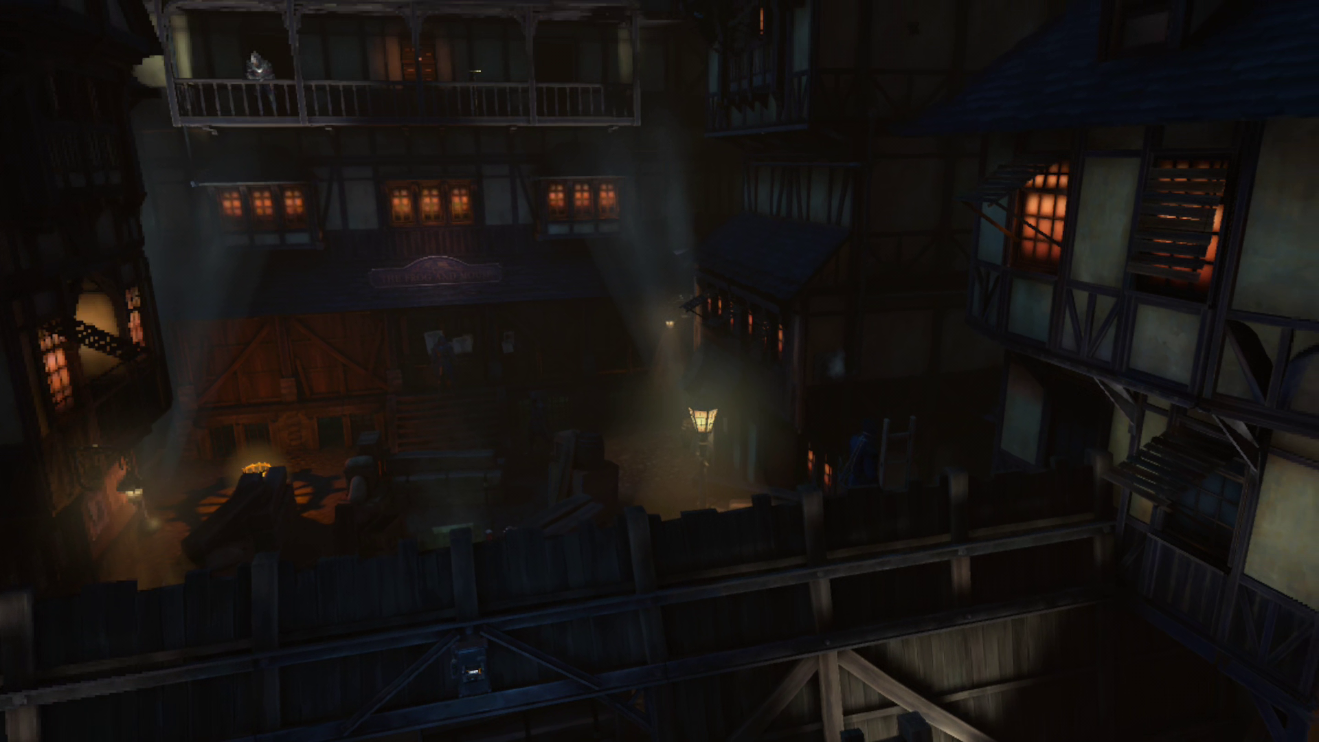 An overhead view of a City Watch occupied tavern, with barricades and watchlights, in the dead of night.