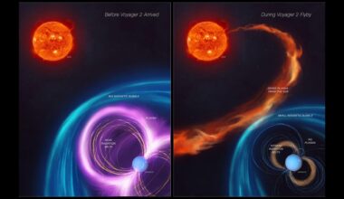 Two side by side illustrations showing Uranus&#039;s spin and magnetic field with the Voyager 2 spacecraft flying nearby