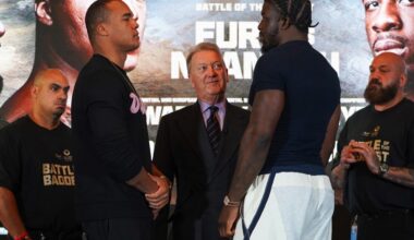 Fabio Wardley and David Adeleye face off at a press conference ahead of their October 28, 2023 heavyweight fight.