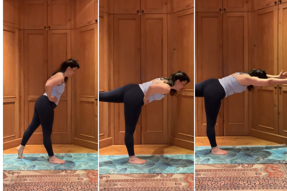 demonstration of three yoga poses showing a person in various stages of balance and stretching.