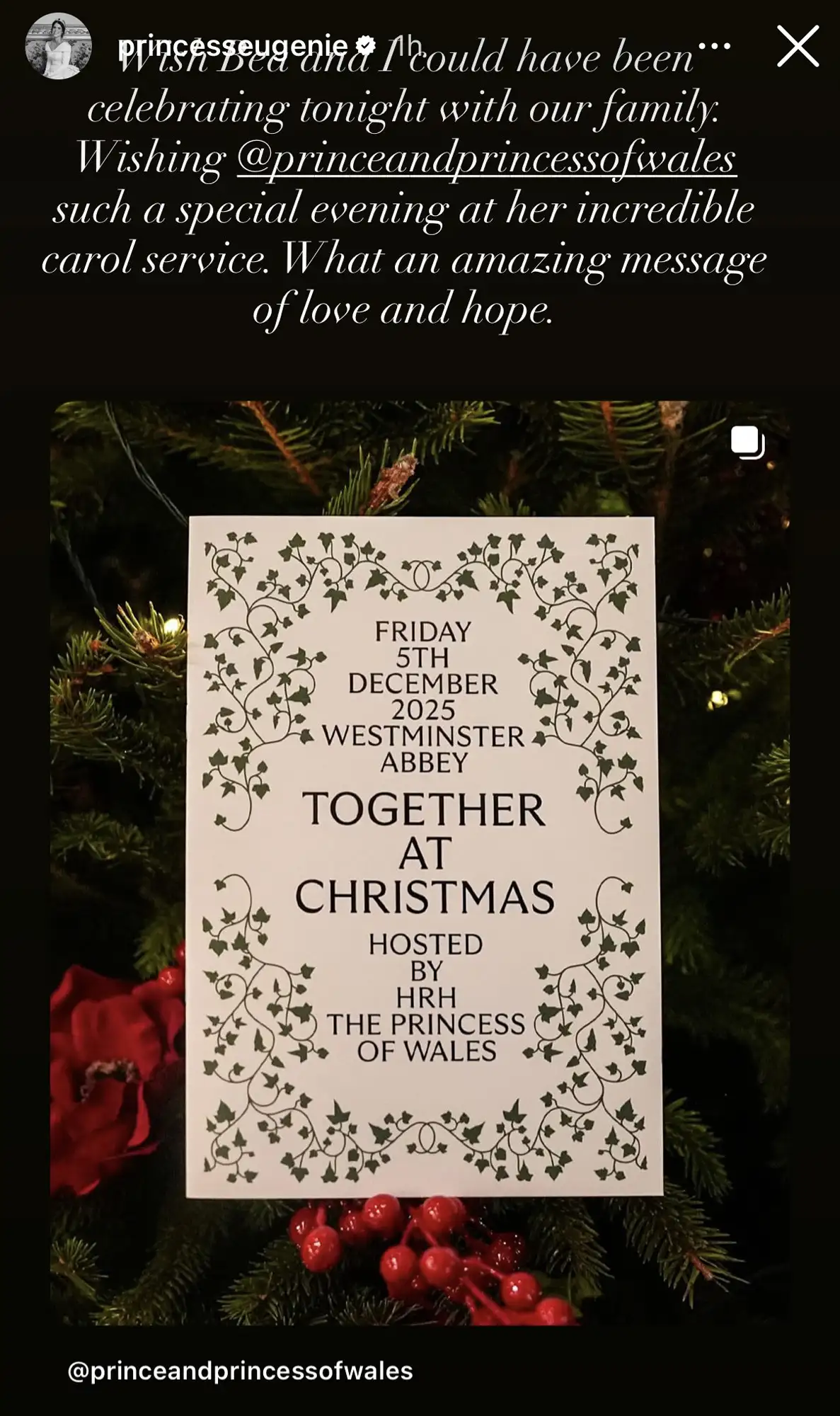 Princess Eugenie shared an Instagram Story about missing Kate Middleton's annual Christmas carol concert in 2025