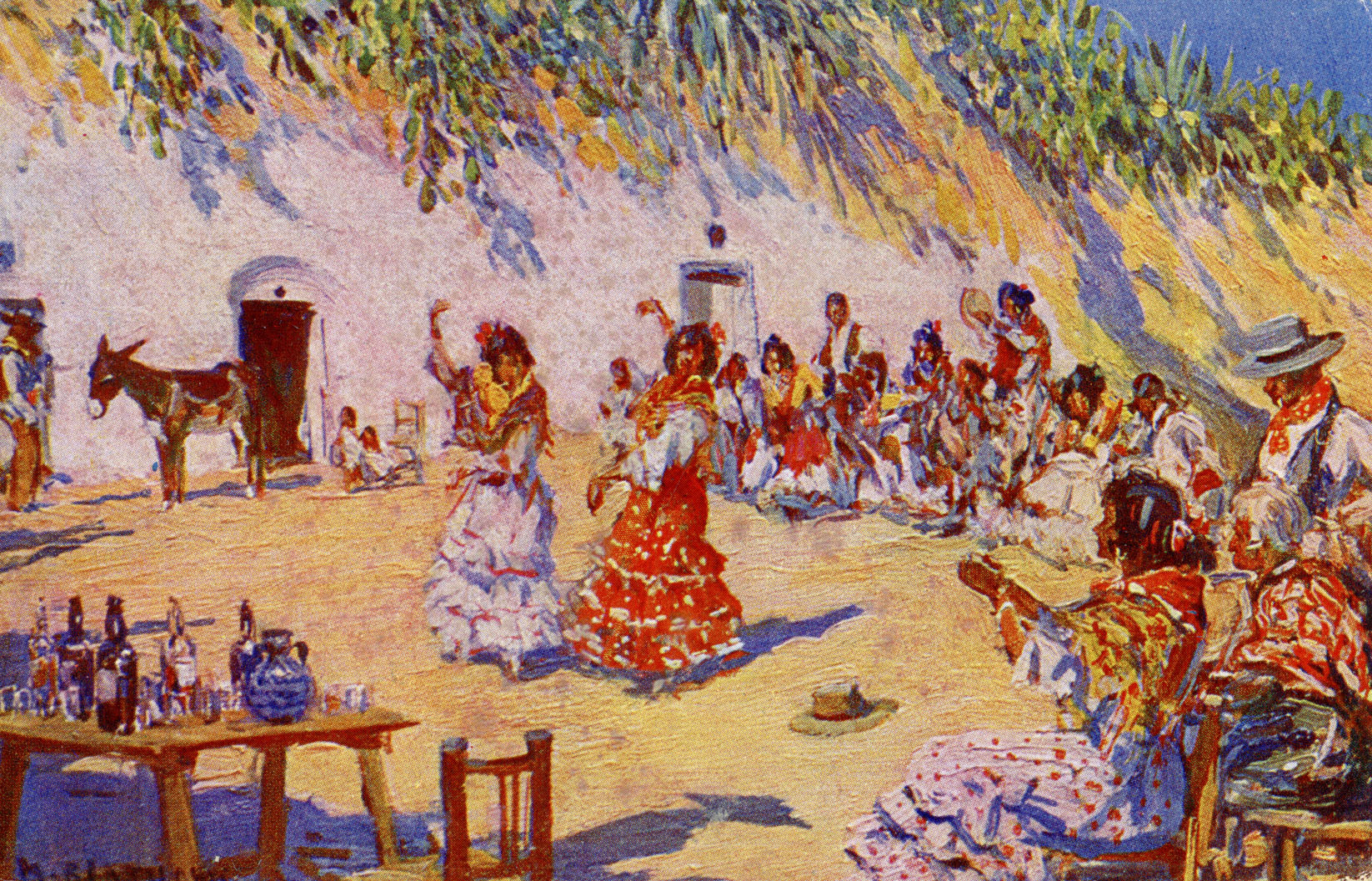 Illustration of a gathering of Spanish gypsies dancing and playing music.