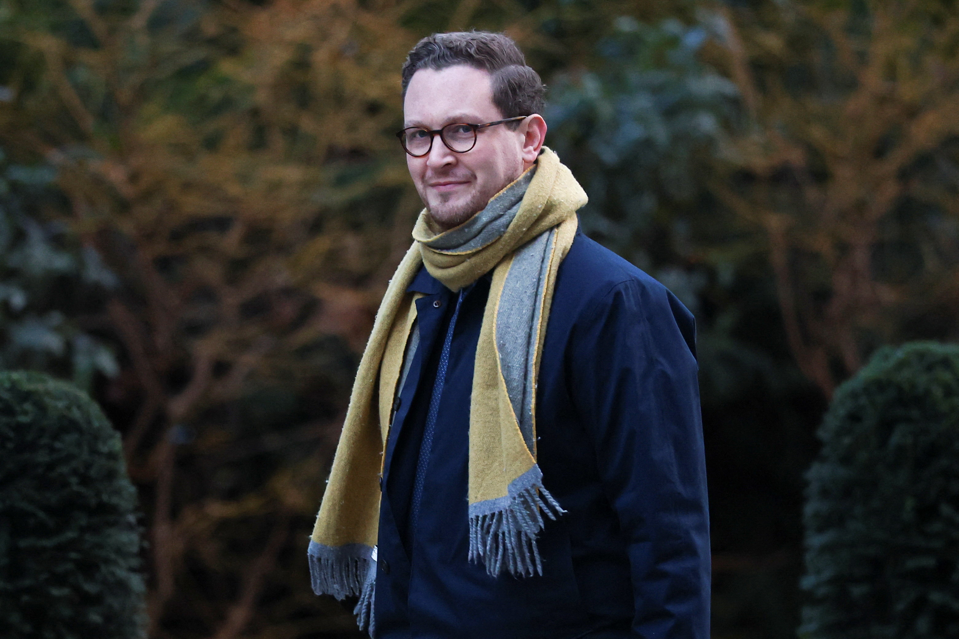 British Chancellor of the Duchy of Lancaster Darren Jones walking outside of Downing Street.