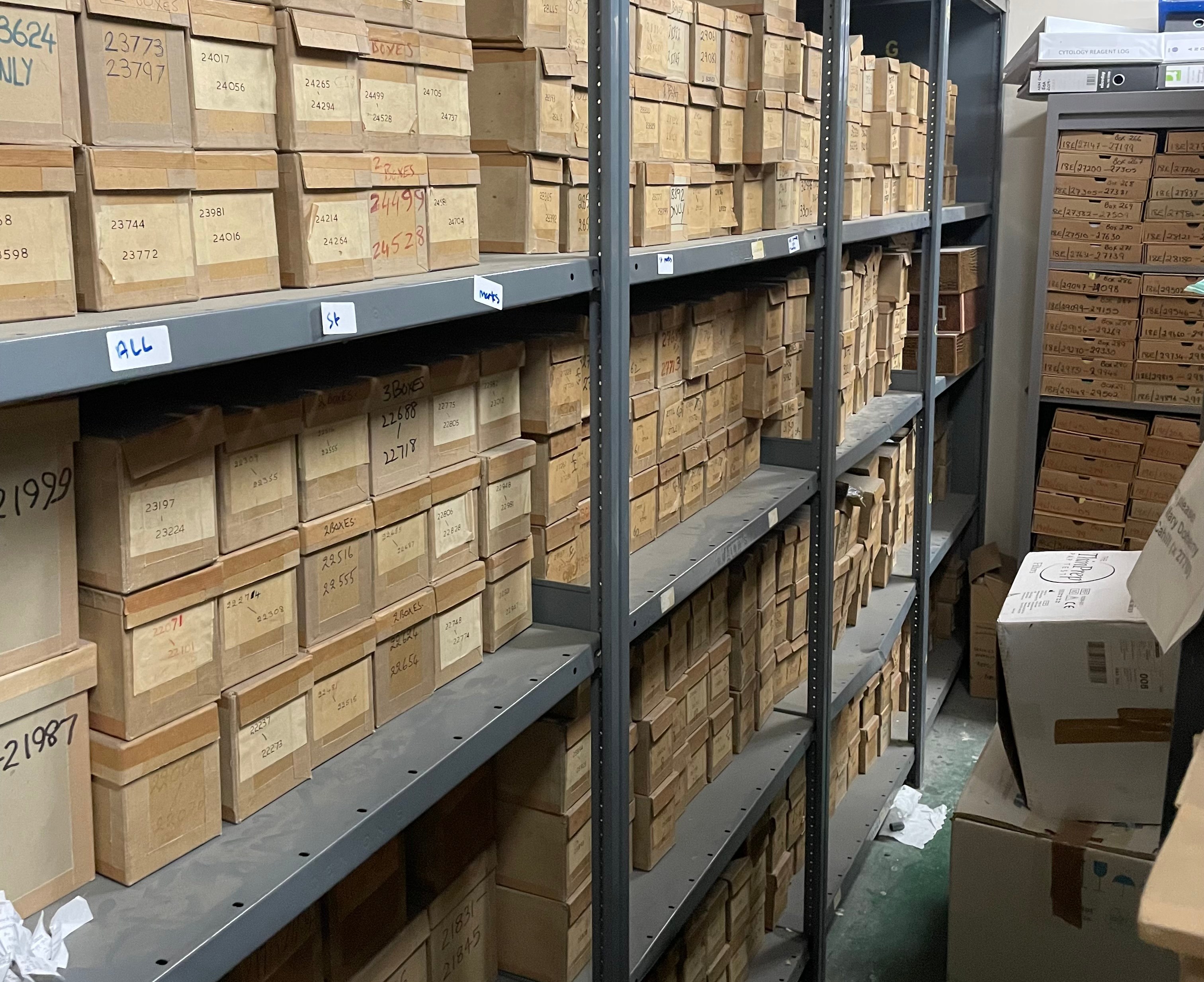Biopsy and records stored on shelves in boxes.