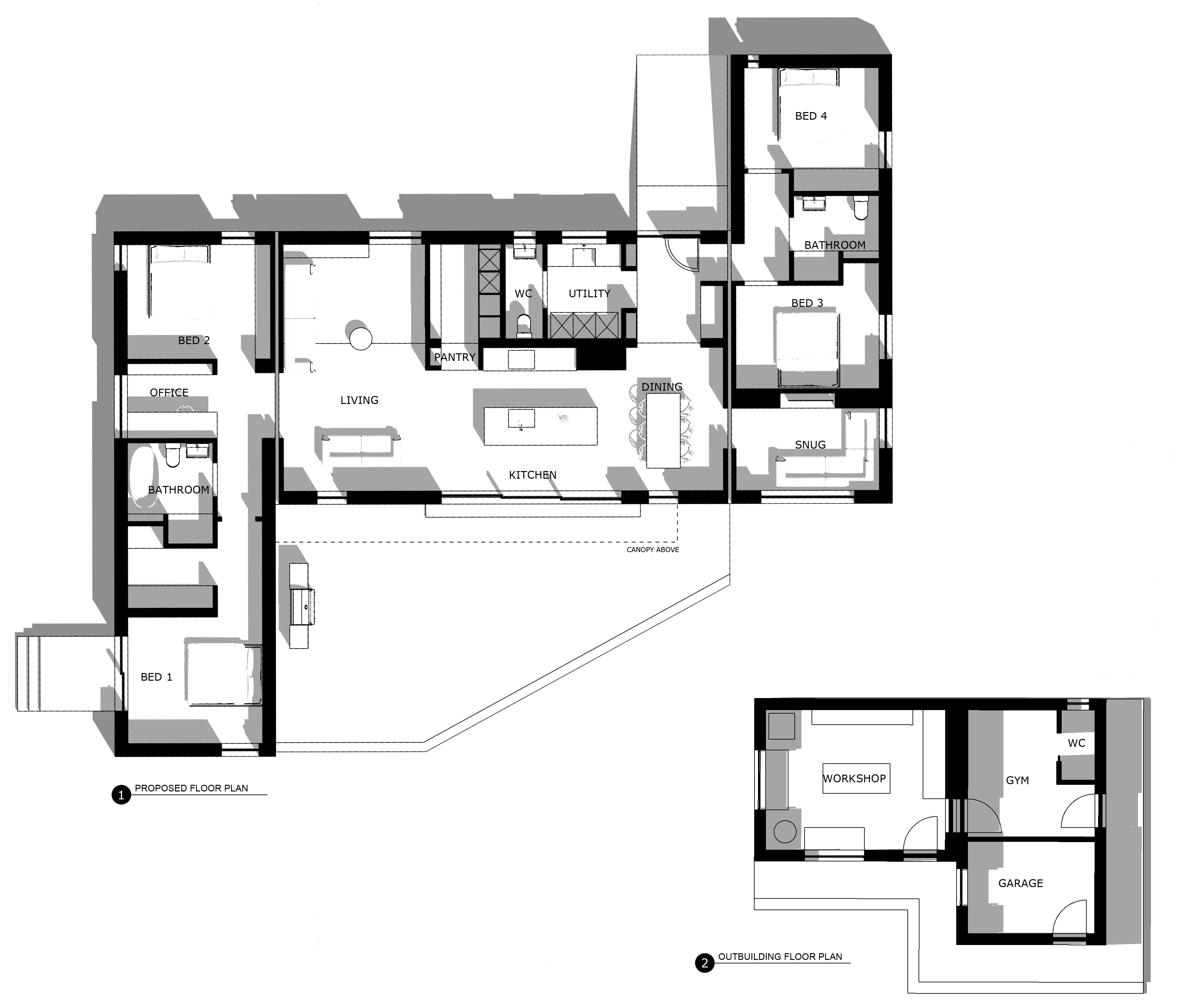 Illustration of a proposed floor plan with living room, kitchen, dining room, four bedrooms, two bathrooms, pantry, WC, utility room, snug, office, and an outbuilding with a workshop, gym, garage, and WC.