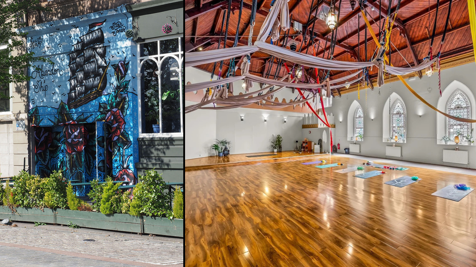 Collage of the Abandon Ship studio exterior with a mural and the Heart Space studio interior.