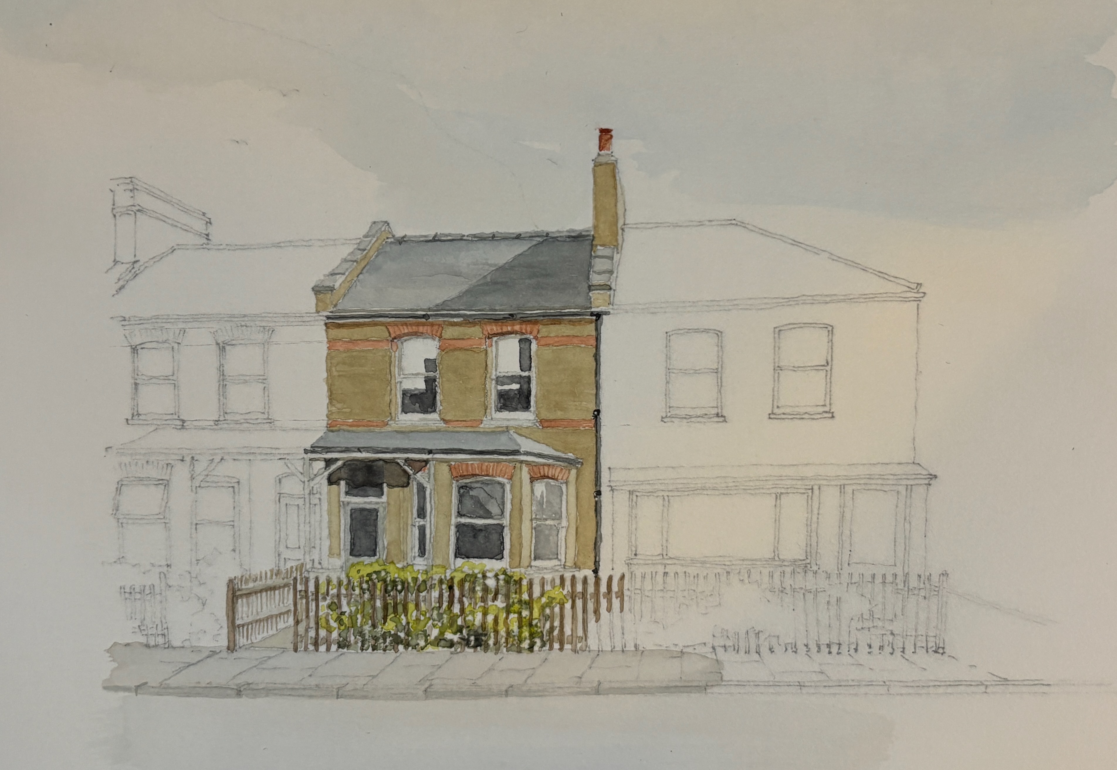 Watercolor illustration of David Bowie's childhood home in Bromley.