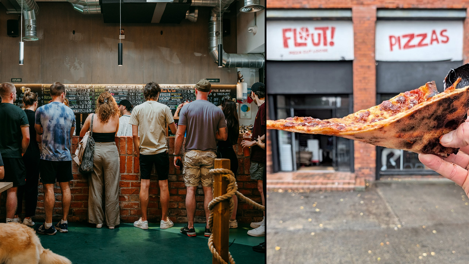 Collage of customers at Bullhouse East and a hand holding a slice of pizza from Flout! pizzeria in Belfast.
