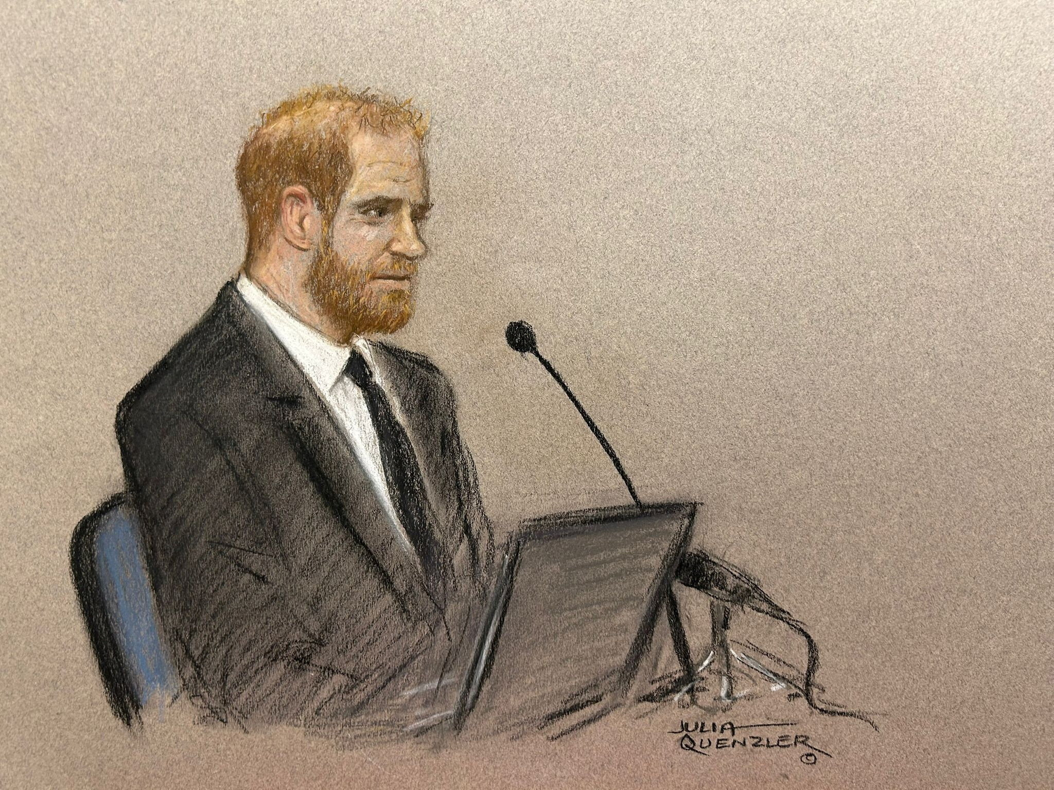 Illustration of Prince Harry giving evidence in a privacy lawsuit.