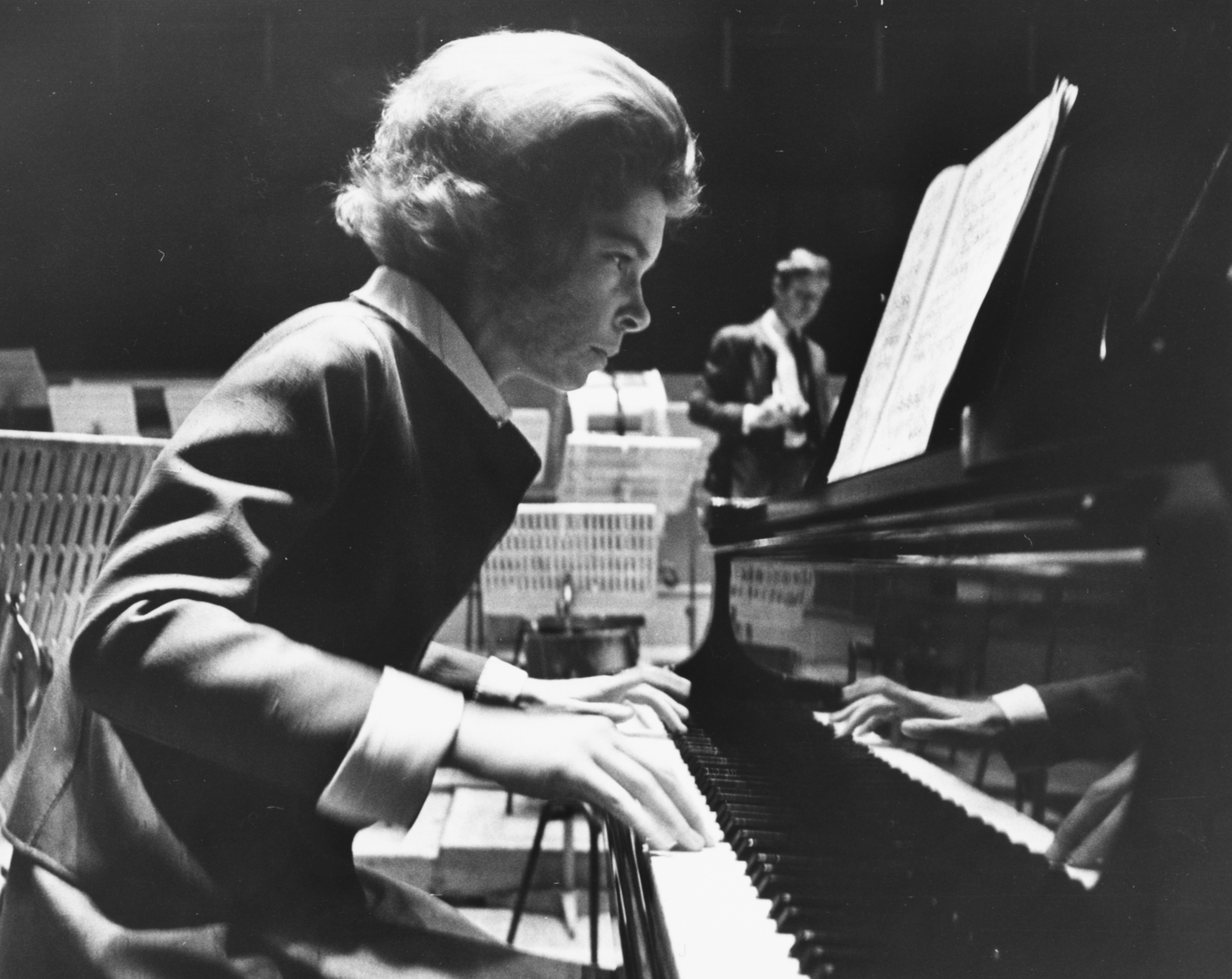 Princess Irene of Greece playing the piano during rehearsals for her debut at Royal Festival Hall.