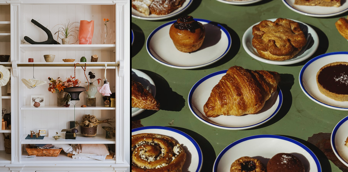 Collage of a white bookshelf with decorations and various pastries on white plates with blue rims.