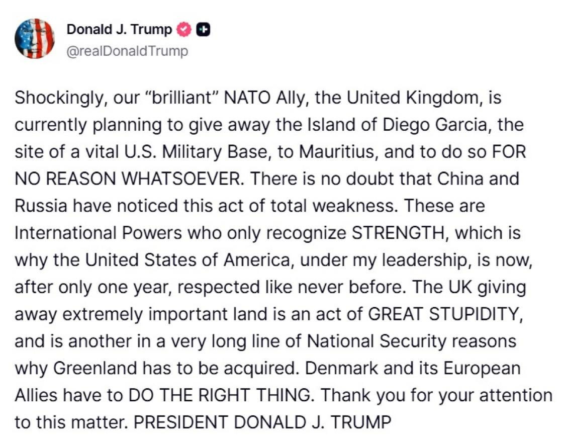 TIMESGRAB / /President Donald Trump Truth Social post about Chagos