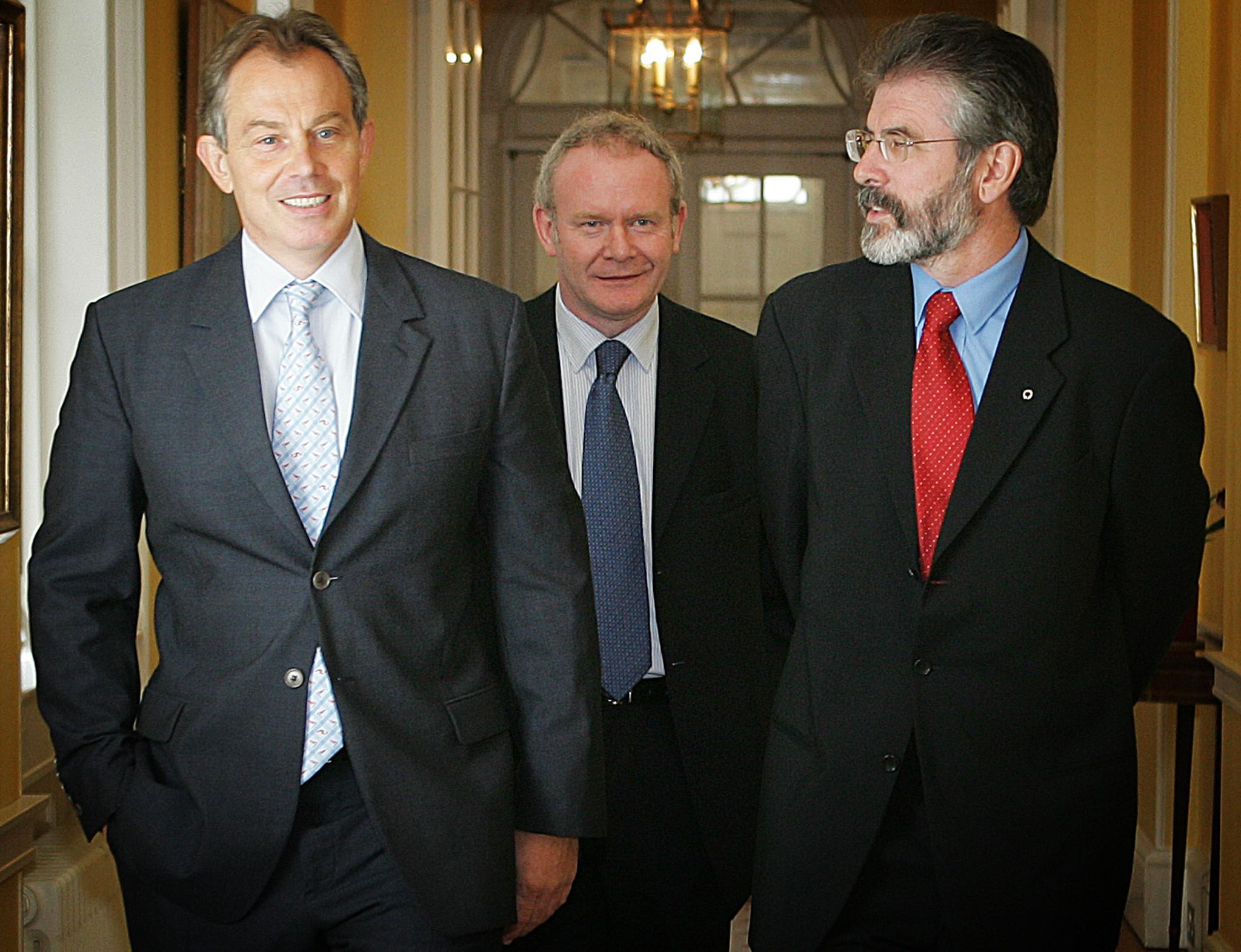 Prime Minister Tony Blair meeting Sinn Fein leaders Gerry Adams and Martin McGuinness in 10 Downing Street.