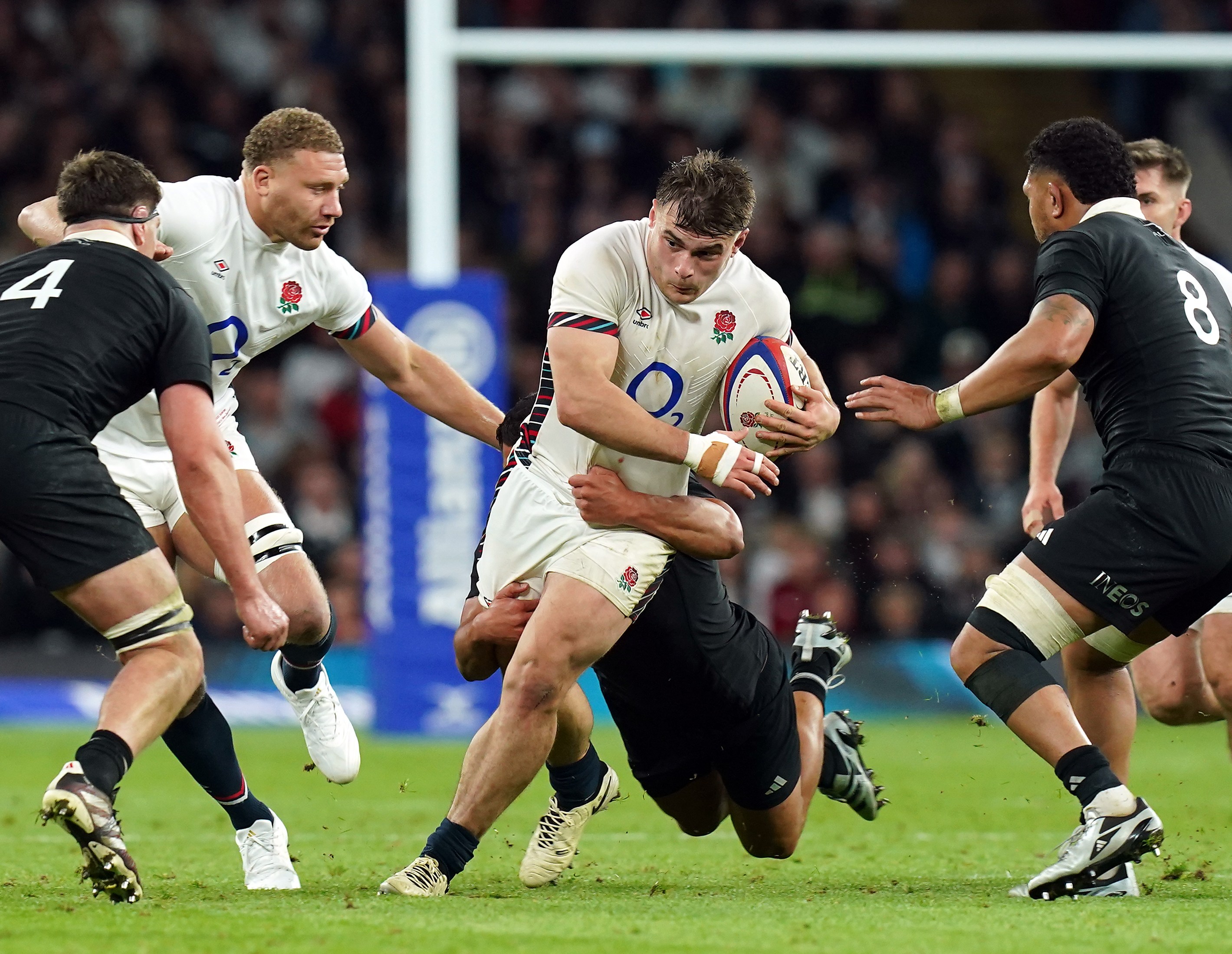 England's Theo Dan is tackled during the Autumn international match against New Zealand.