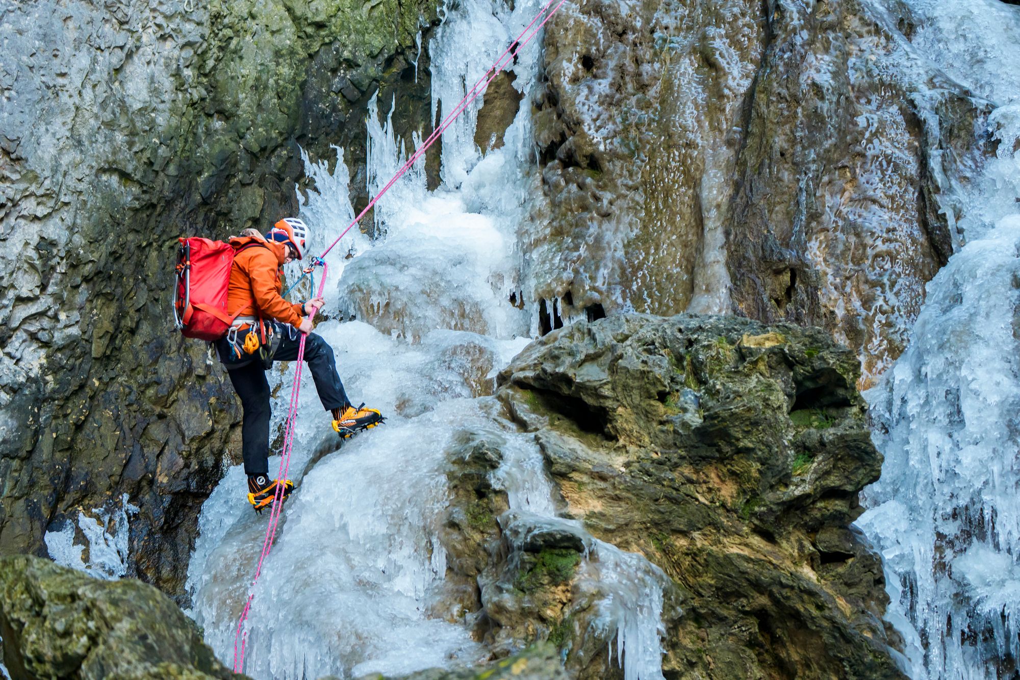 Lost Earth Adventures’ instructor Mick Ellerton, abseils down a frozen waterfall in Gordale Scar near Malham Cove in the Yorkshire Dales National Park, as ice warnings are in place across the UK ahead of a storm which is set to bring heavy snow later in the week