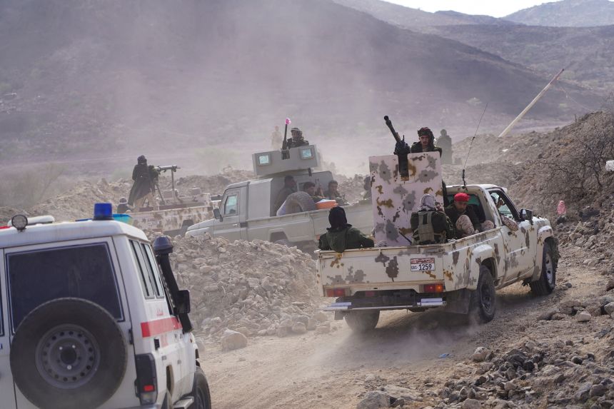Forces of Yemen's main separatist group, the Southern Transitional Council, arrive in a mountainous area where they are launching a military operation in the southern province of Abyan, Yemen, on December 15.