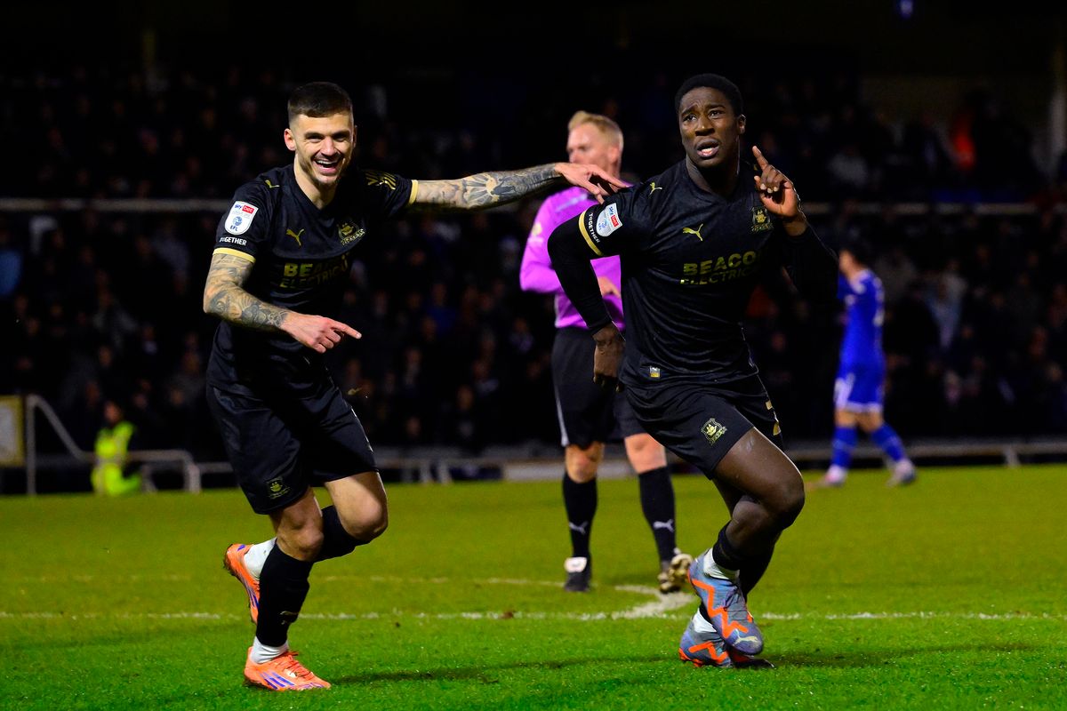 Bim Pepple celebrates scoring Argyle's late winning goal in their 4-3 Vertu Trophy round of 16 tie against Bristol Rovers at the Memorial Stadium on January 13, 2026 - Photo: Tom Sandberg/PPAUK