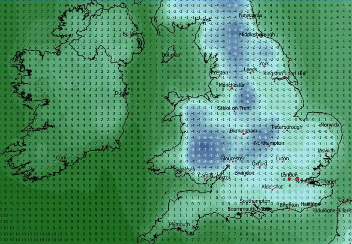 GFS forecast of freezing temperatures on Sunday morning, January 11