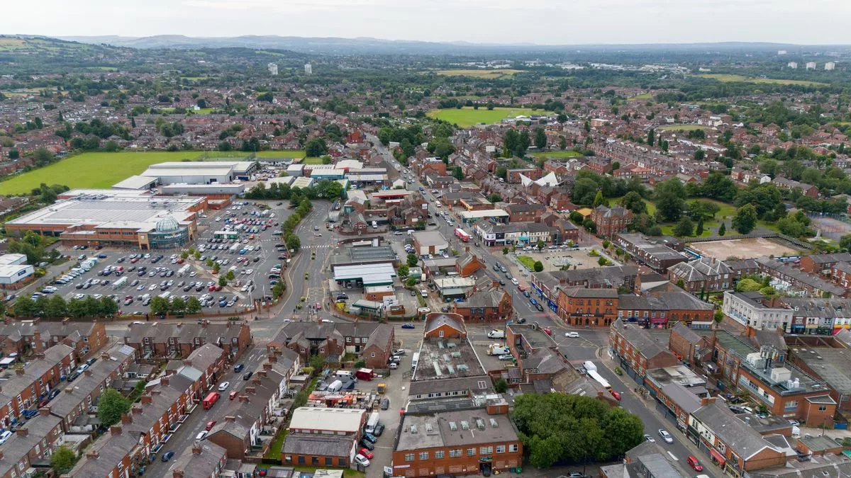 Aerial shot of Denton town centre
