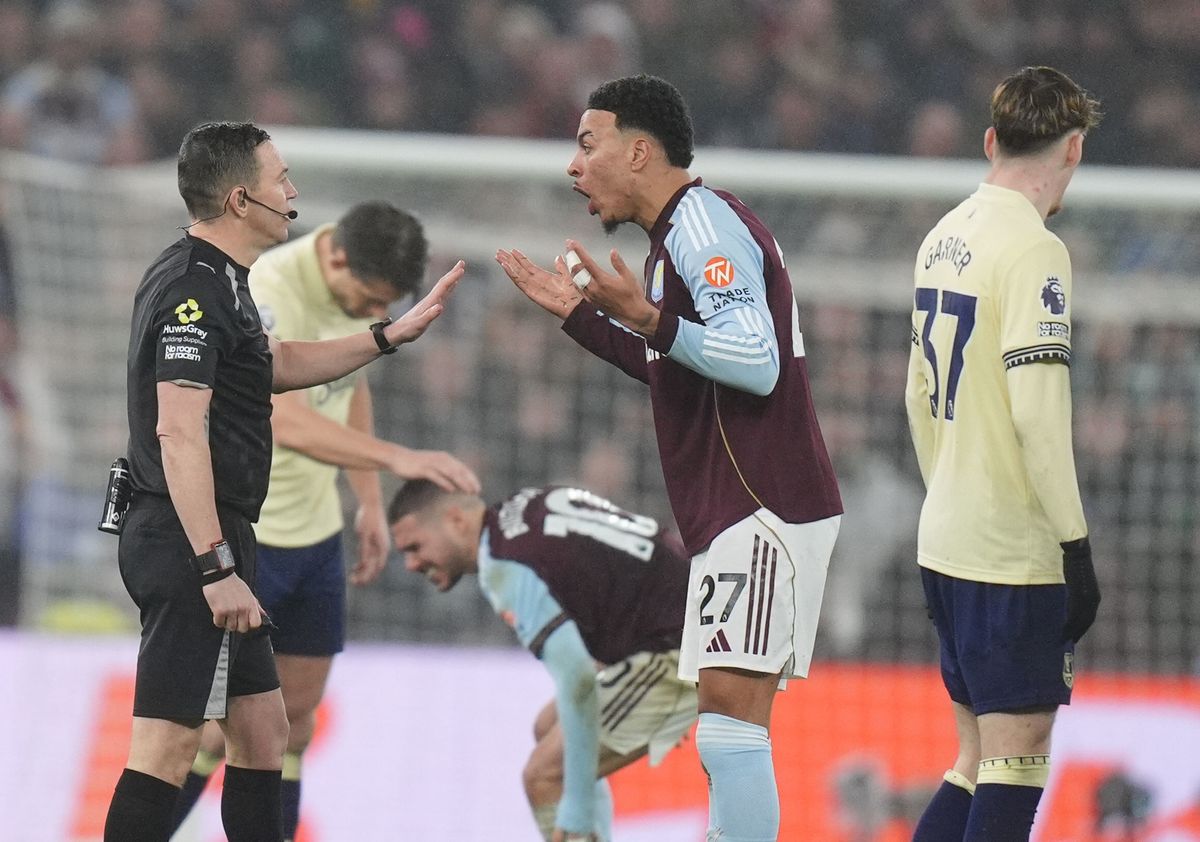 Morgan Rogers argues with referee Tony Harrington