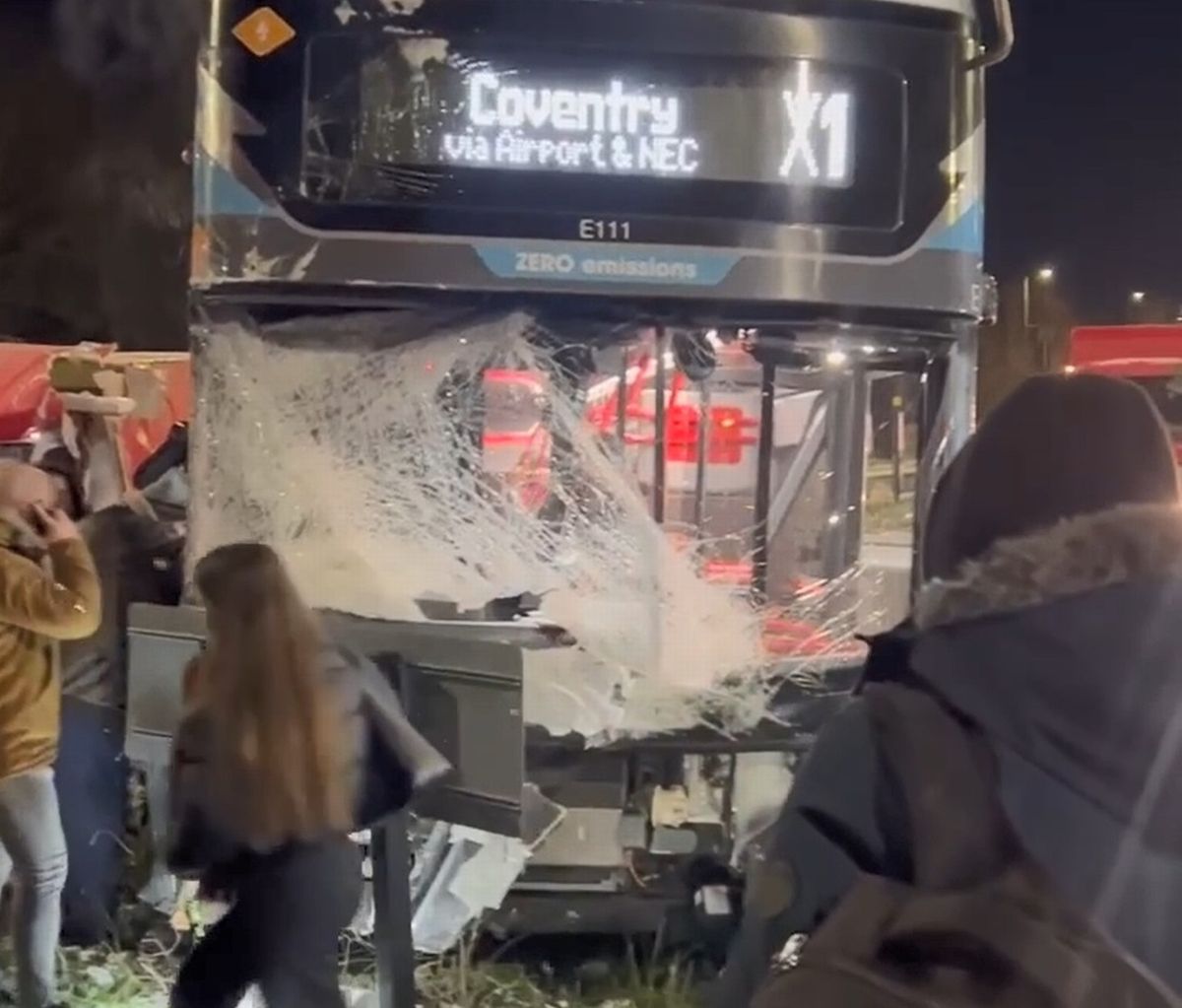The windscreen of the National Express West Midlands X1 bus was smashed on the driver's side
