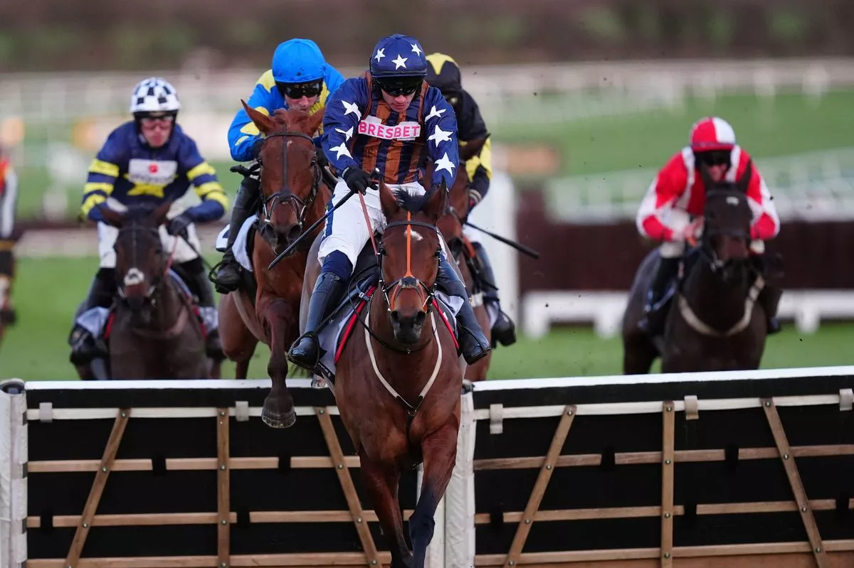 Eventual winner Nurse Susan, ridden by Harry Skelton (centre left blue and yellow colours), during the Download The BetMGM App Mares' Handicap Hurdle  at Cheltenham Racecourse on Saturday, December 13 2025