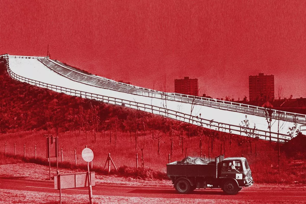 Dominating the Kirkby skyline, the new artificial ski slope in Bewley Road, Friday 5th April 1974.