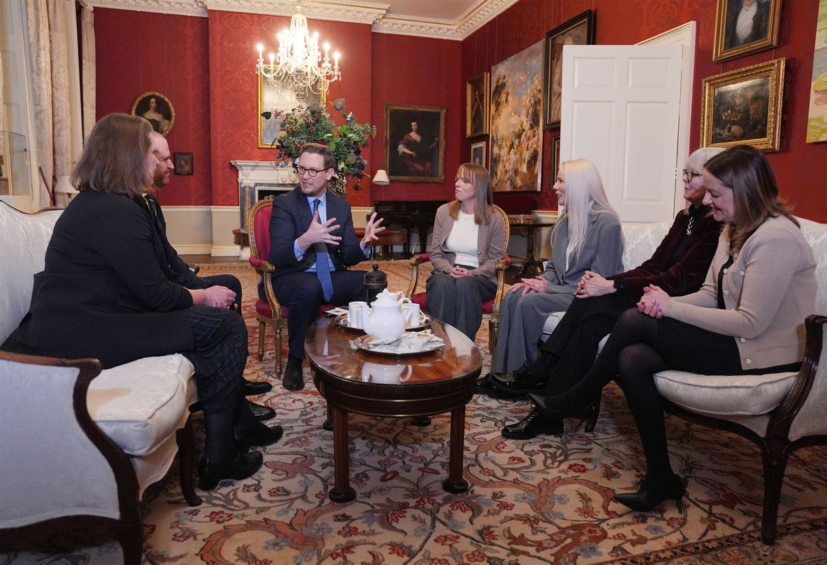 Chief Secretary to the Prime Minister, Darren Jones (3rd left), with (left to right) Gill Clark, Graeme Clark, Diane Taylor, Janette Hall,  Mary Weaving and Kristina Penny, during a reception for the families of recipients of the Elizabeth Emblem in Downing Street, central London. The award is the civilian equivalent of the Elizabeth Cross, which recognises members of the UK Armed Forces who died in action or as a result of a terrorist attack