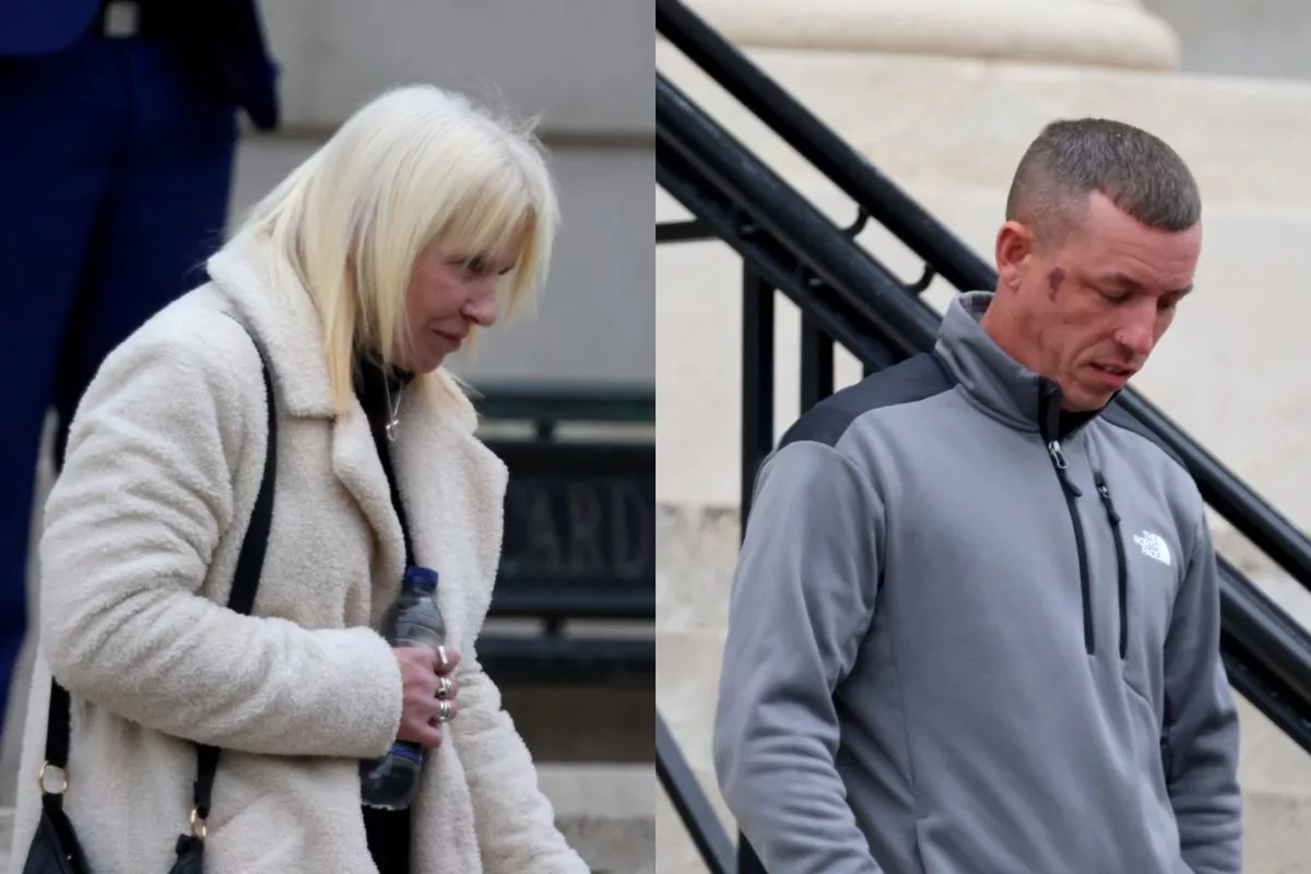 Julia Evans and Dean Vowles leaving Cardiff Crown Court