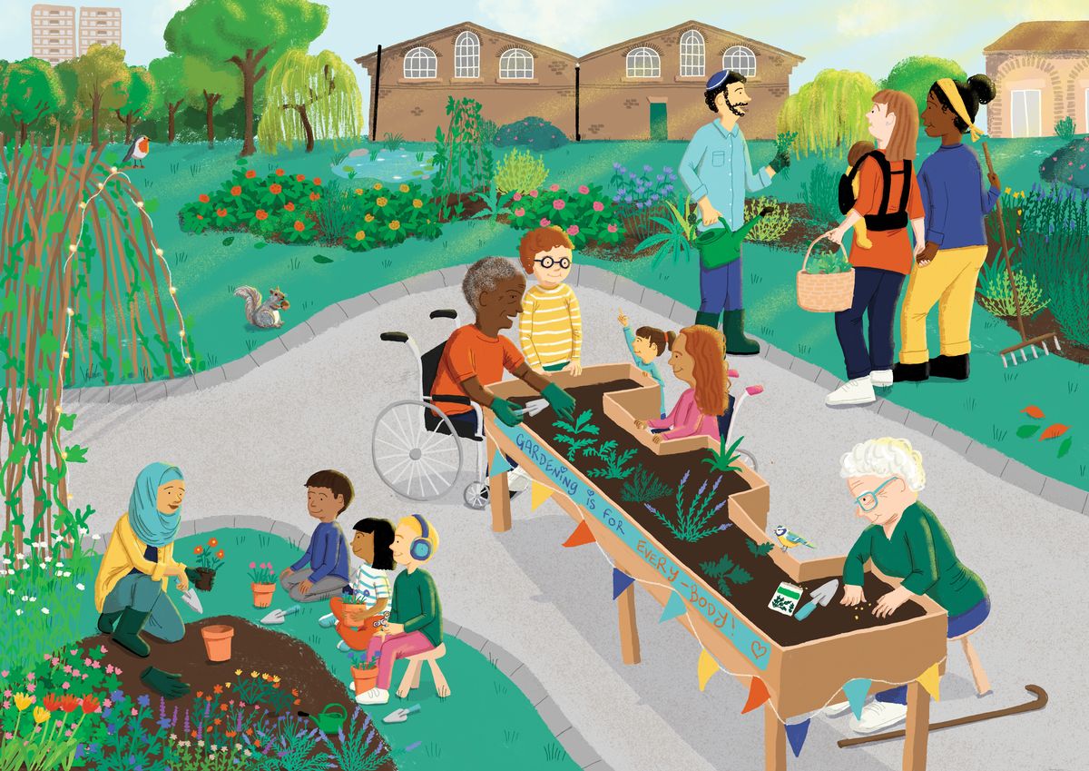Artist impression of the East London Water Works planned community garden showing a drawing of people tending to flower beds 