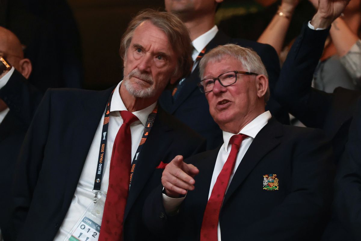 Sir Jim Ratcliffe Manchester United Co-Owner and Sir Alex Ferguson discuss in the tribune prior to kick off in the UEFA Europa League Final 2025 between Tottenham Hotspur and Manchester United 