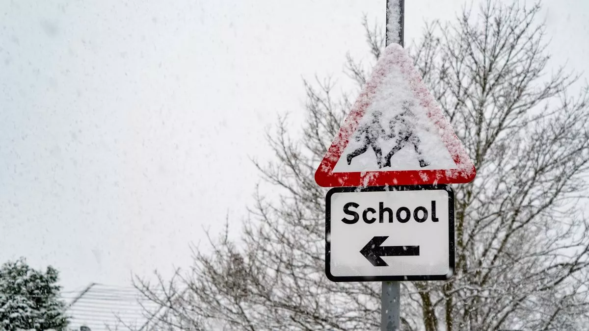 School crossing sign covered in snow